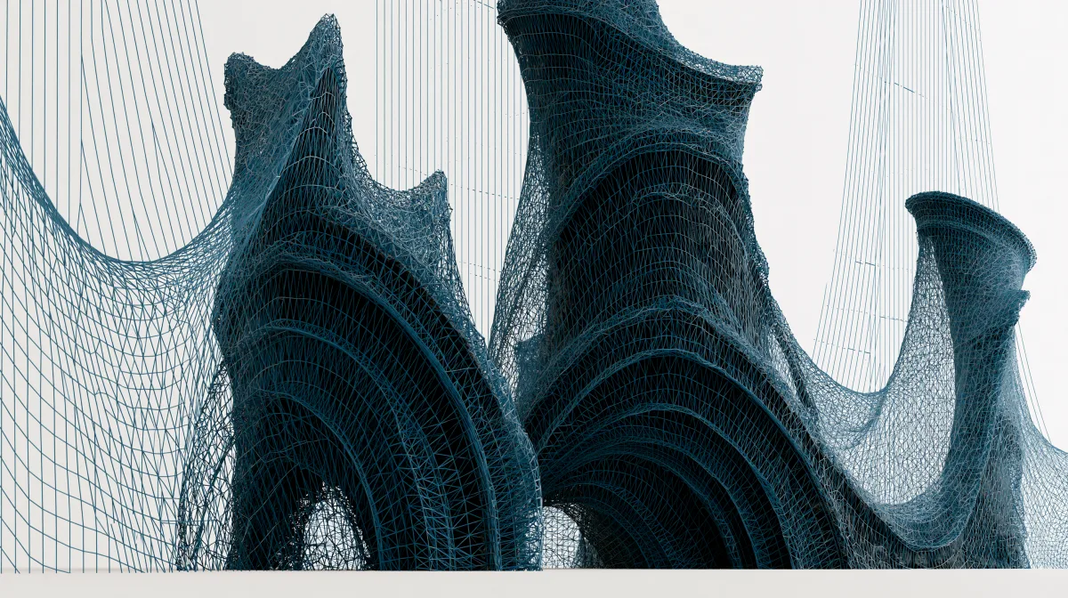 Tall teal mesh structures rising like woven towers