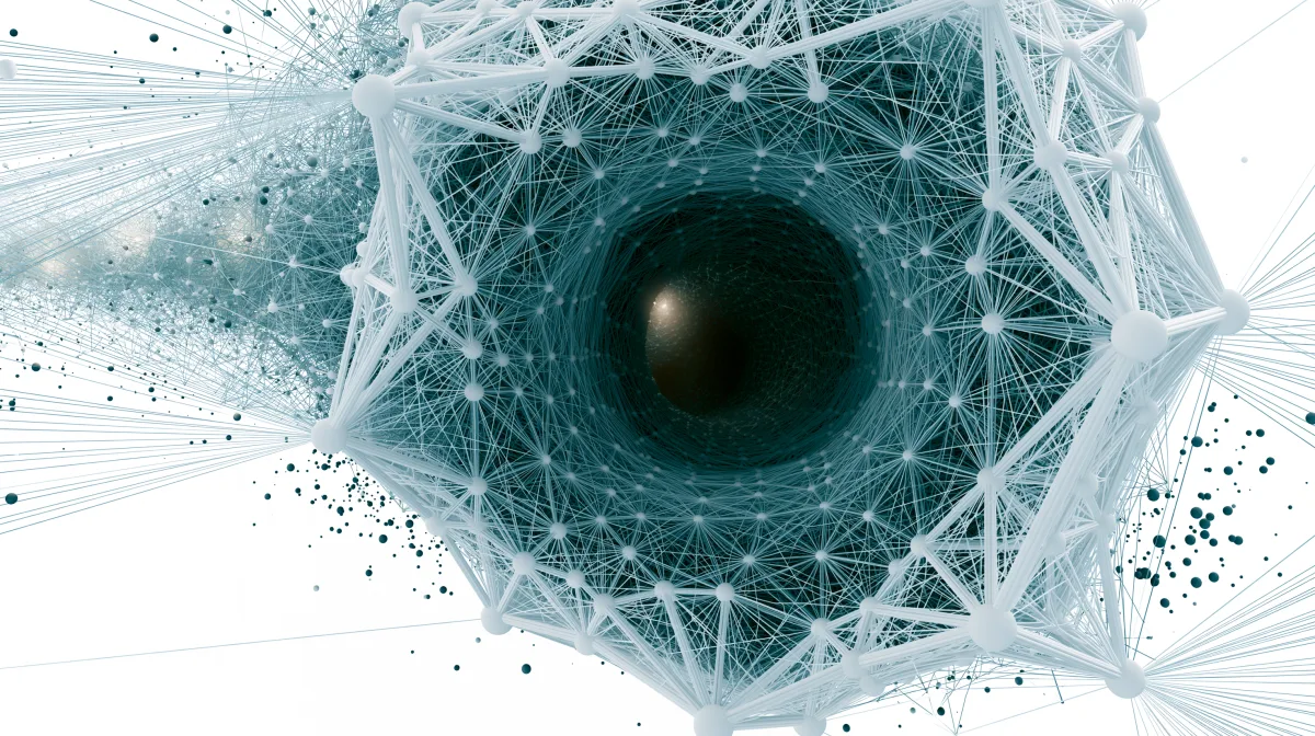 Pale mesh tunnel seen from above, lines converging to a dark centre